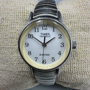 3/$30 Timex Indiglo Watch Women Silver White Dial Stretch Band 23MM Works 6"
